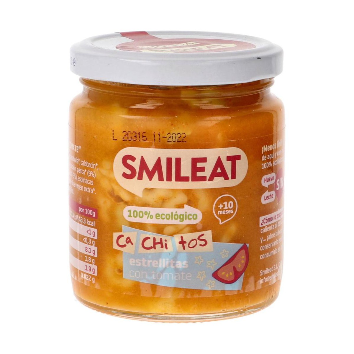 smileat tarrito con cachitos de pasta con tomate 230 gramos